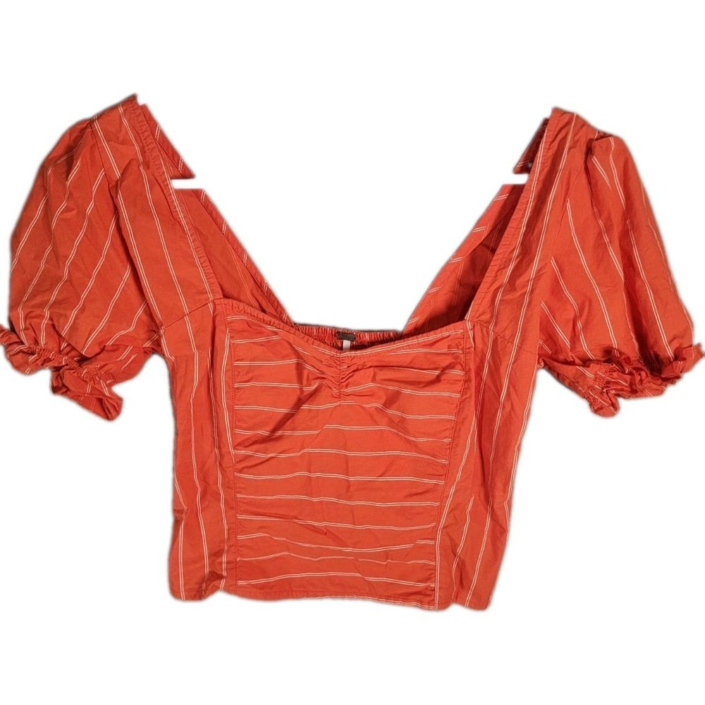 Free People Top Womens Small Orange Striped Smocked Puff Sleeve Boho Crop Blouse